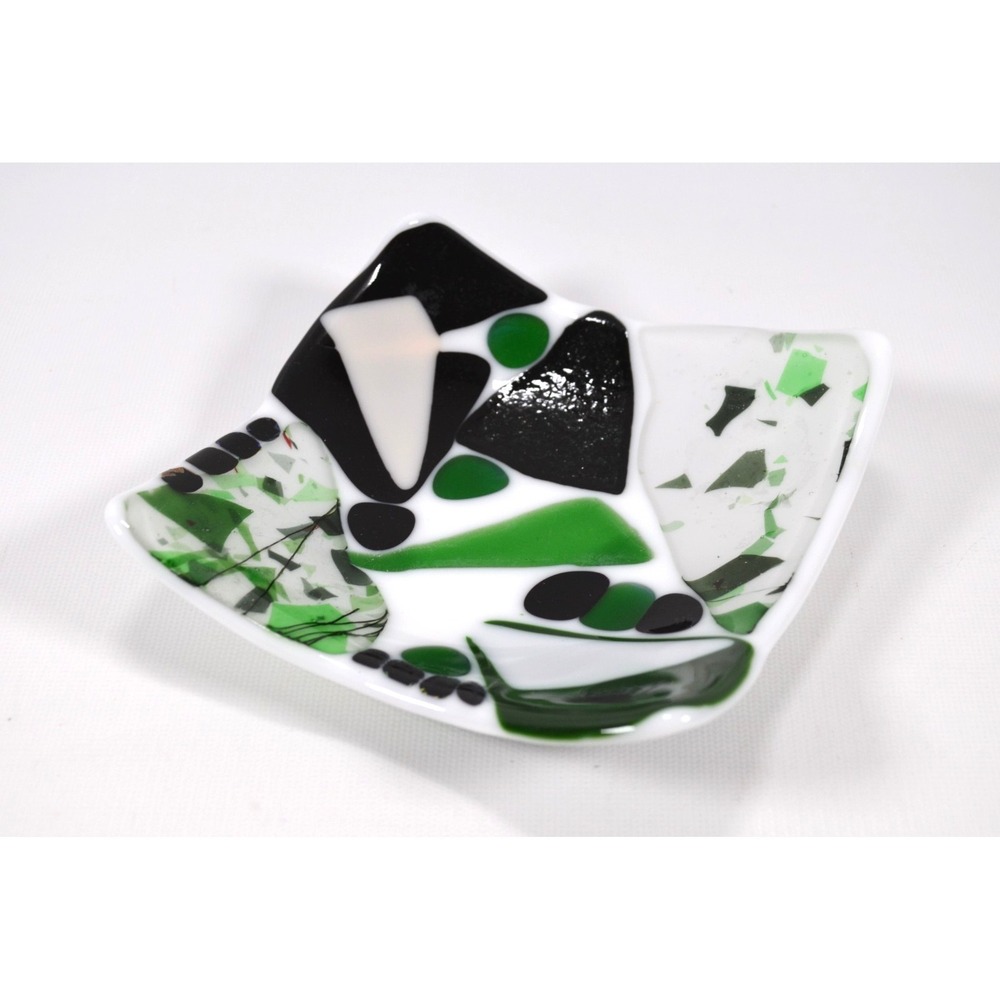 Retro Glass Curved Candy / Trinket Dish Mid Century Geometric Design Grn Whi Blk